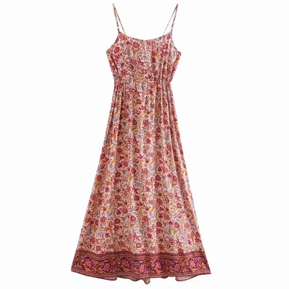 Pink Bohemian Button Front Floral Dress - Picture 3 of 10
